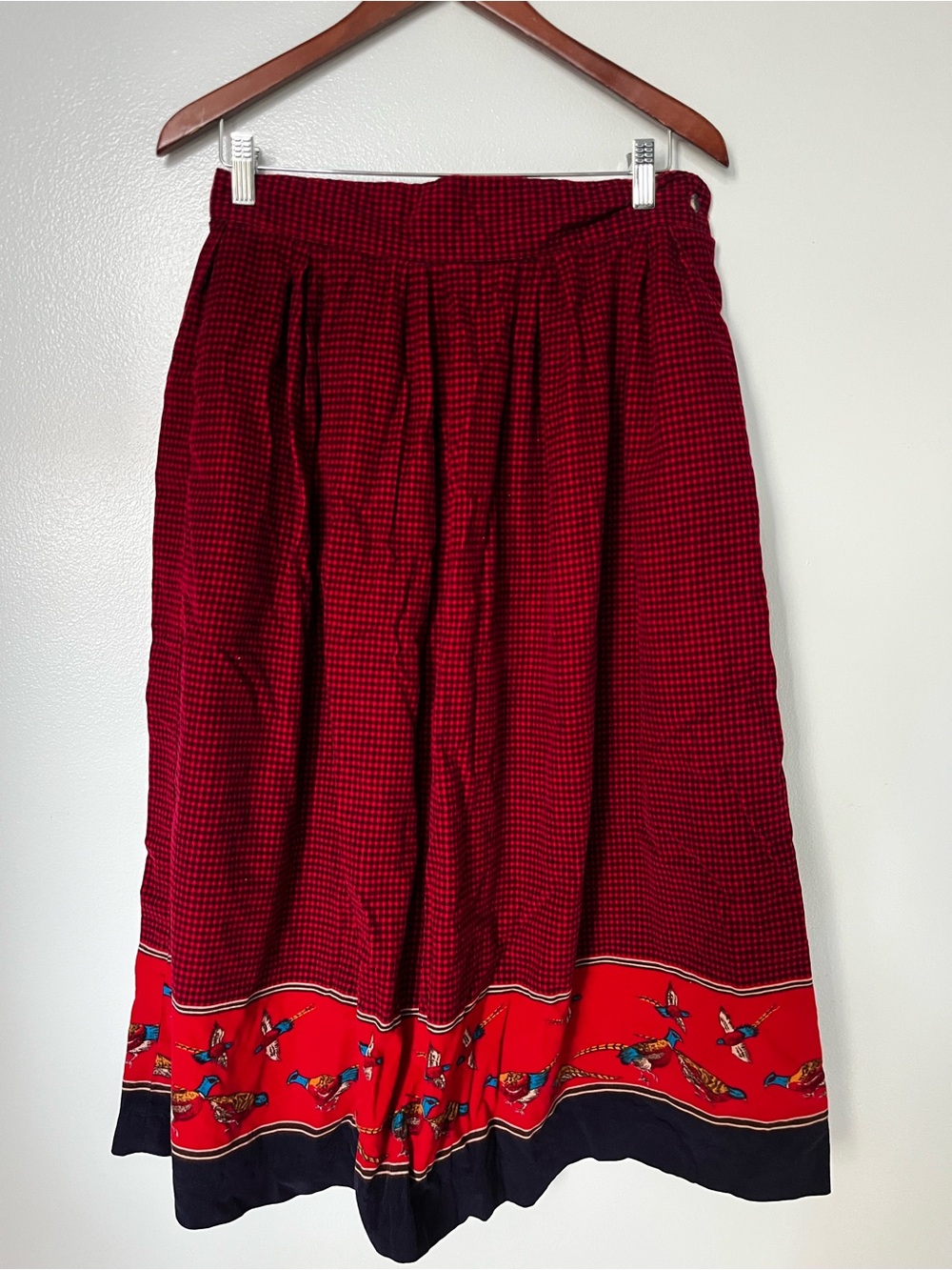 Vintage croft & barrow Red Check Full Skirt Bird-Print Corduroy Pockets Pleats